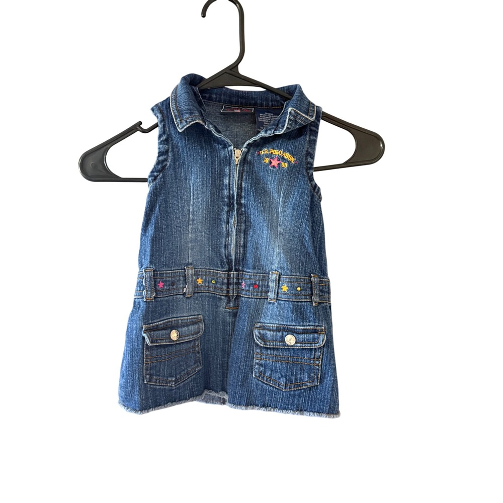 US Polo Assn Y2k Vintage Baby 18 Mo. Denim Zip‎ Jumper Dress Embroidered Stars